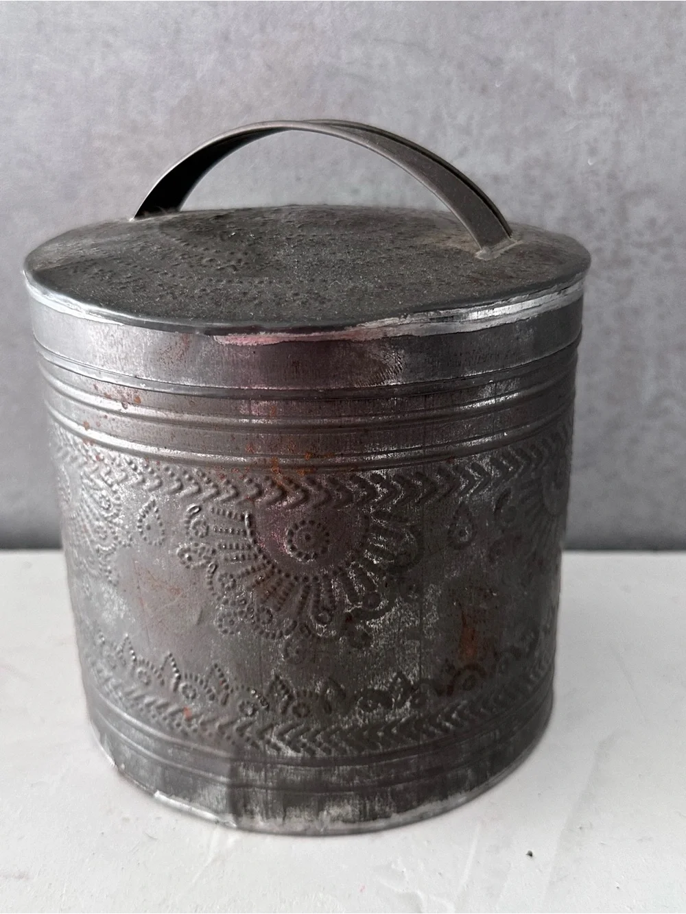 Antique Primitive 19th Century Hand Punched Tin Canister | American Folk Art